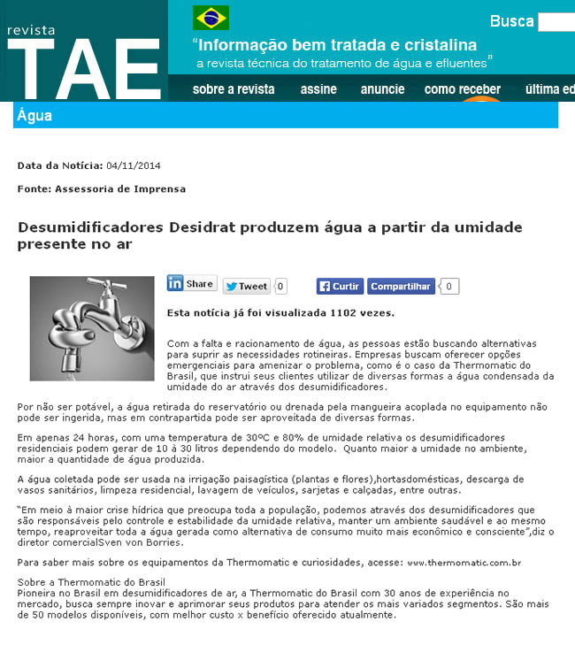 Desumidificadores Desidrat produzem água a partir da umidade presente no ar - Revista TAE